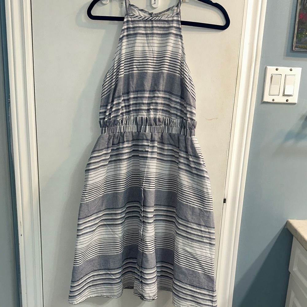 Elegant Striped Gray and White Halter Dress PTP 15-16”